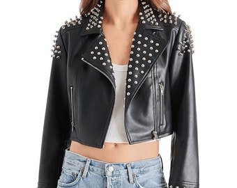Women's Long Sleeves Studded Leather Jacket