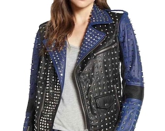 Damen zweifarbige Punk Style Nieten handgefertigte Lederjacke