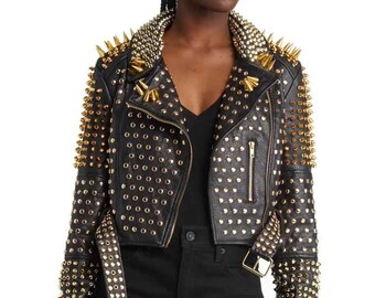 Gold studded leather jacket best sale