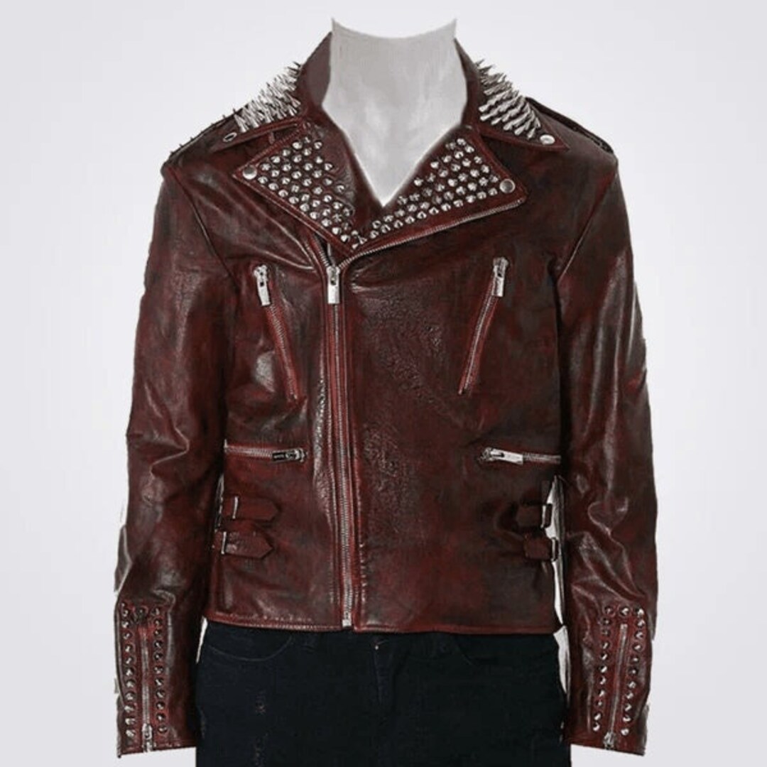 Red Metallic Jacket Men's Full Red Waxed Punk Metallic Spiked Studded Zippered Leather ...