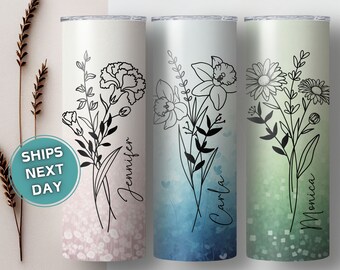 Personalized Birth Flower Tumbler With Name Personalizable Birthday Gift For Mom Bridesmaid Proposal Gifts for Her Gift for Grandma Daughter