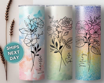 Personalized Birth Flower Tumbler With Name Personalizable Birthday Gift For Mom Bridesmaid Proposal Gifts for Her for Grandma Daughter