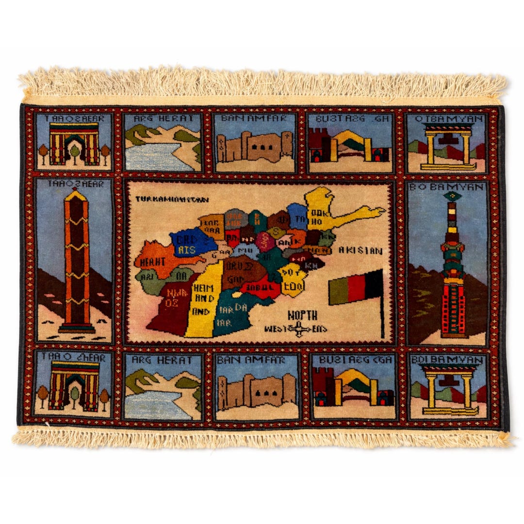 Vintage Afghan Map Rug – Hand Knotted Wool Wall Hanging, Cultural ...