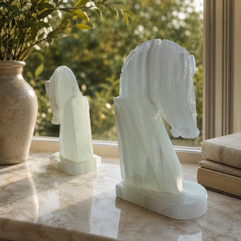Puede incluir: Dos esculturas transl&uacute;cidas de cabeza de caballo verde claro. Las esculturas tienen una superficie texturizada y se asientan sobre bases rectangulares. El fondo incluye una ventana con vegetaci&oacute;n y un jarr&oacute;n con ramas.