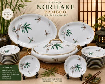 Zestaw porcelany bambusowej Noritake w stylu vintage | 21 elementów azjatyckiej zastawy stołowej z połowy XX wieku, złote wykończenia