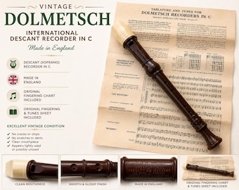 Zabytkowy flet prosty Dolmetsch International Descant w tonacji C z oryginalnym pudełkiem i schematem chwytów – wyprodukowano w Anglii