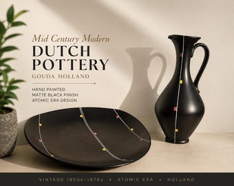 Zestaw ceramiki Gouda Holland Matte Black – dzbanek i talerz w stylu Mid Century Modern