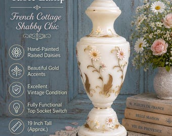 Lampa stołowa w stylu vintage z mlecznego szkła z motywem kwiatowym | Ręcznie malowane podniesione stokrotki | Wystrój w stylu shabby chic we francuskim stylu rustykalnym | Wysokość 19 cali
