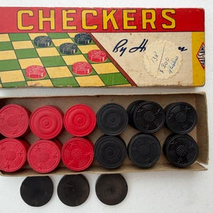 Vintage HAL-SAM Checkers Set | WWII Era Wooden Travel Game, Original Box
