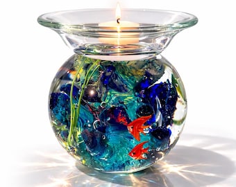 Portavelas de cristal soplado a mano con forma de acuario, escultura de pez encapsulada y difusor estilo Murano.