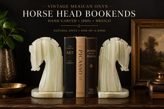 Vintage Mexican Onyx Horse Head Bookends – Hand Carved Chess Knight Sculpture Pair