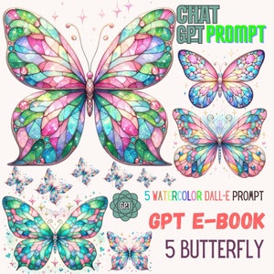 Puede incluir: Cinco ilustraciones de mariposas de acuarela en estilo vitral. Las mariposas son en tonos de rosa, azul, verde y amarillo. El texto "GPT E-BOOK 5 BUTTERFLY" está en la parte inferior de la imagen.