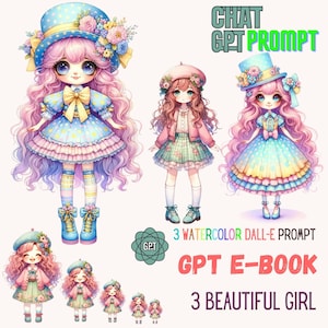 Dall-E3 & ChatGPT v4 Prompt Guide | 3 Prompts | Digital clipart of beautiful girl | AI Art | 3 PNG of beautiful girl | Customizable Prompt