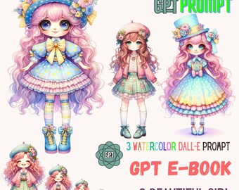 Dall-E3 & ChatGPT v4 Prompt Guide | 3 Prompts | Digital clipart of beautiful girl | AI Art | 3 PNG of beautiful girl | Customizable Prompt