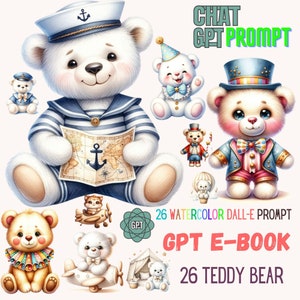 Artful prompts guide, Dall E Teddy bear Watercolor prompt | 26 prompt | Digital for designers and sellers | Commands for use on ChatGPT V4.0