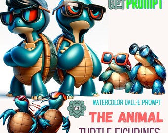 May include: Five cartoon turtle figurines wearing sunglasses. The turtles are blue and green with brown shells. The figurines are arranged in a group, with two turtles standing upright and three turtles sitting down. The text "WATERCOLOR DALL-E PROMPT THE ANIMAL TURTLE FIGURINES" is written below the figurines.