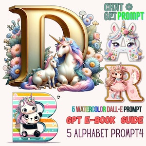 May include: Five watercolour alphabet letters, D, A, R, B, and a unicorn with a baby unicorn. The letters are decorated with flowers and hearts. The letters are gold with pink, blue, and white accents. The unicorns are white with pink and blue manes and tails. The background is white.