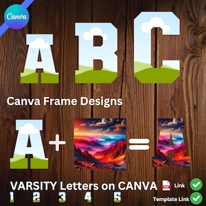 Marco de letras Varsity Canva, marcos PNG de letras universitarias editables para Canva - Plantillas de diseño de espíritu escolar y equipos deportivos personalizables