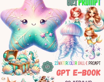 Mermaid-Inspired Dall-E & ChatGPT v4 Prompt Guide - Ocean Lover prompt, Customizable PDF File for Enchanting Storytelling, GPT eBook