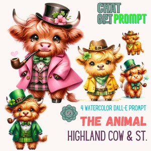 May include: Four watercolor illustrations of Highland cows wearing different outfits. The cows are wearing hats, scarves, and kilts. The illustrations are in a cartoon style and are set against a white background.