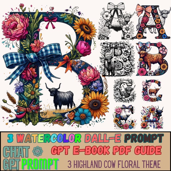 Highland Cow Dall-E Prompt Guide - Summer Western Floral Alphabet Doodles - Digital Download for AI Art Creators