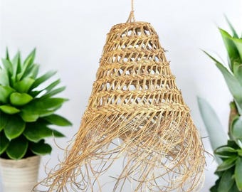 Conical pendant light in halfa wicker, lampshade, light fixture