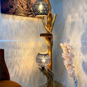 Natural Wood Tree Floor Lamp: Double Globe Lighting, Rustic Decor