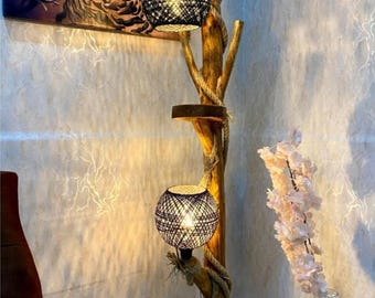 Vloerlamp natuurlijk hout: dubbele bolverlichting, rustiek decor