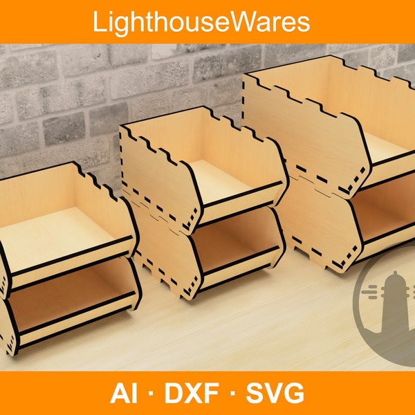 stackable laser cut desktop organizer file, stackable workshop organizer, three different sizes, vector file, svg, ai, dxf, cnc pattern