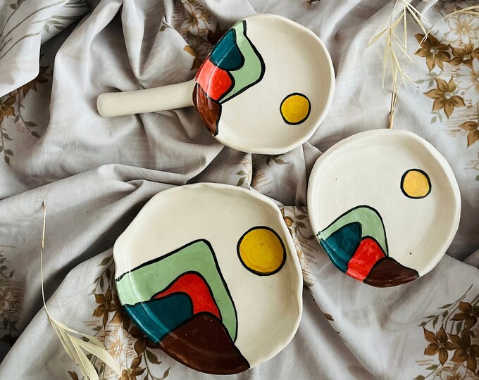 Handmade Ceramic Plate Set, Modern Multicolor Breakfast Sets, Unique Kitchenware-Artistic Hand-Painted Plates With Handle -Housewarming Gift