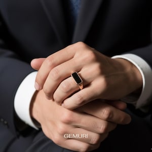 Rektangulär onyxring, 18k roséguldpläterat sterlingsilver