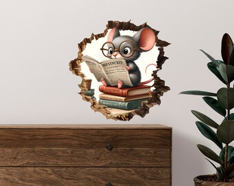 Mouse in mouse  hole wall decal, cute mouse vinyl sticker, baseboard decor, whimsical mouse reading book in 3d hole decal, bedroom decor