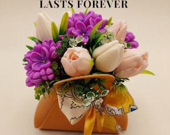 Mother’s Day Gift Set for Mom, Soap Flower Bouquet with Bear Candle, Unique Floral Gift with Card, Gift for Her, Mom Gift