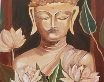 Original Buddha Acrylic Painting: Lotus Flower Canvas Art