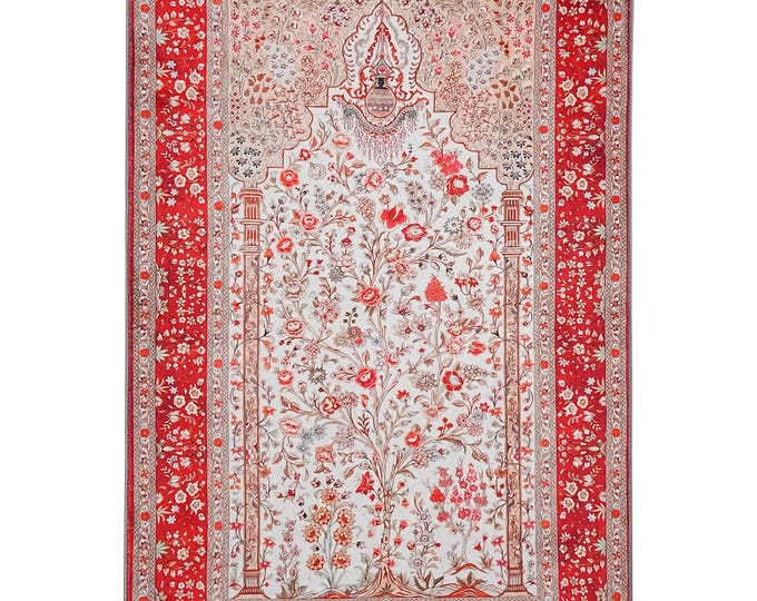 Prayer Rug – Red White Floral Mihrab Design – Soft Surface Turkish Muslim Prayer Mat – Pain Relief for Knees – Gift for Mom Dad 3x5 ft