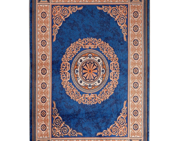 Prayer Rug – Royal Blue Ottoman Medallion Design – Soft Islamic Floor Mat or Wall Art – Elegant Muslim Home Decor with Gold Details