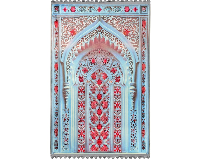 Prayer Rug - Red and Blue Mihrab Design Islamic Mat - Soft Velvet Turkish Prayer Rug - Muslim Gift for Her - Wall and Floor Decor