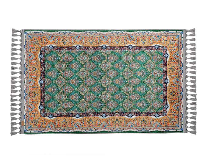 Prayer Rug – Green Ottoman Floral Carpet with Classic Pattern – Soft Non Slip Mat for Islamic Prayer, Hallway, Entryway or Office Use