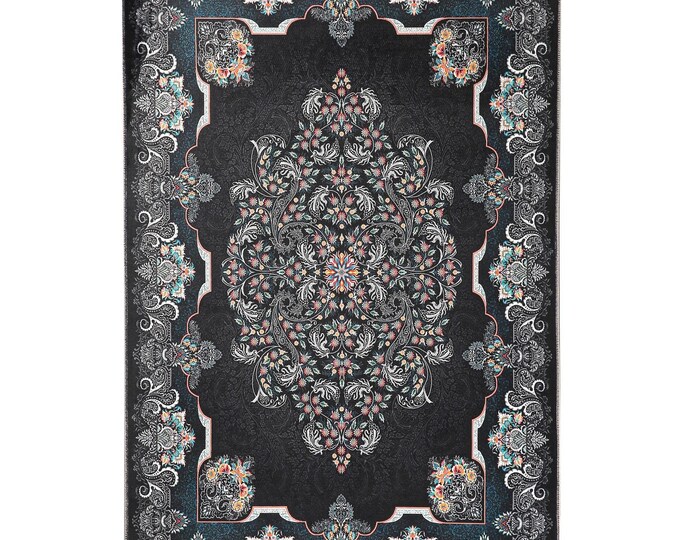 Prayer Rug Black Floral Turkish Carpet – Luxury Islamic Home Decor for Prayer Room, Living Room, Bedroom – Gift for Women Men Mom Dad 5x7 ft