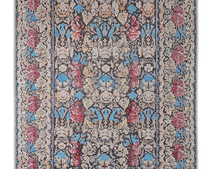 Custom Size Red Blue Anatolian Kilim – 10x12 ft Machine Woven Turkish Rug – Vintage Floral Carpet for Hallway, Living Room or Sitting Area