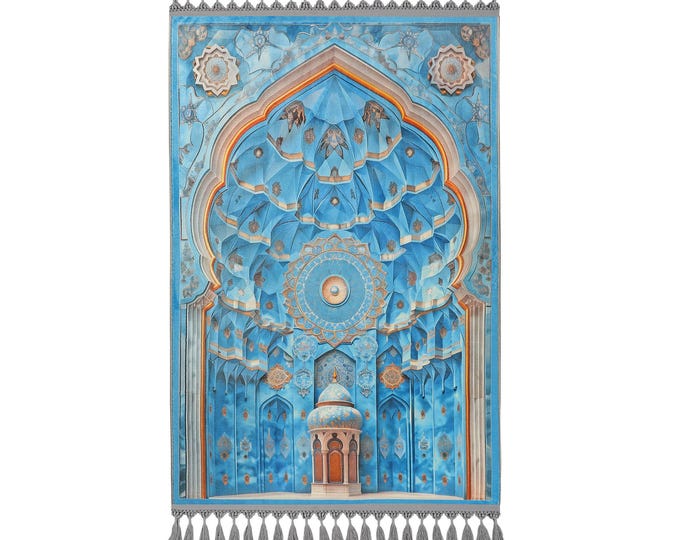 Prayer Rug - Blue Dome Mihrab Design - Soft Turkish Islamic Mat - Muslim Gift for Her - Wall and Floor Prayer Decor