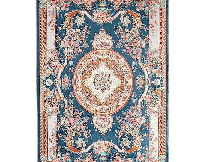Prayer Rug Blue Floral Turkish Carpet – Luxury Islamic Home Decor for Prayer Room, Living Room, Bedroom – Gift for Women Men Mom Dad 5x7 ft