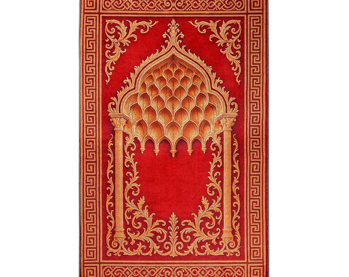 Prayer Rug – Red Islamic Prayer Mat with Arch Design – Muslim Gift for Dad – Wall Hanging Option – Ideal for Prayer Room Decor