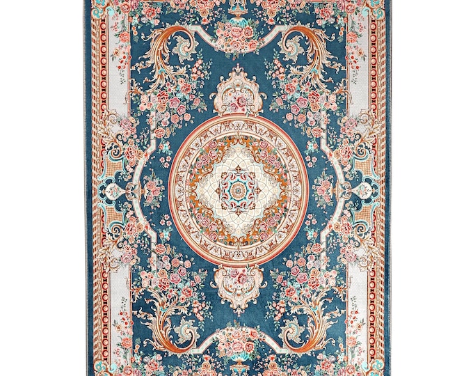 Prayer Rug – Soft Persian Floral Islamic Mat in Royal Blue and Gold – Elegant Gift for Mom, Wife or Muslim Home