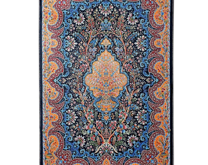 Prayer Rug Turkish Navy Blue Orange Floral Area Rug – Islamic Carpet for Living Room Home Decor Muslim Gift 4x6 5x7 6x9 8x10 9x12 ft