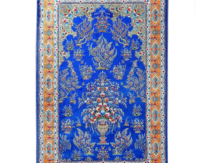 Prayer Rug Royal Blue Floral Soft Islamic Carpet – Luxury Muslim Gift for Women Mom Dad Men – Custom Size Prayer Room Home Decor Floor Mat