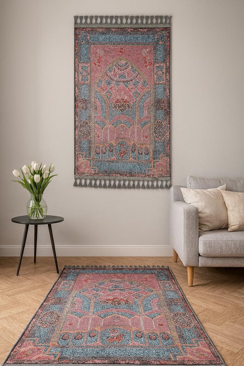 personalised Prayer Mat Pink Blue Floral Mihrab Silky Soft Gebetsteppich Muslim Prayer Rug image 11