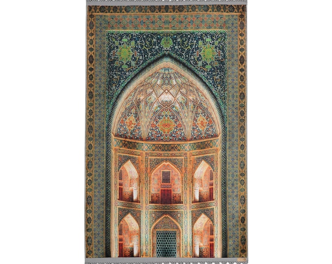 Green Mihrab Prayer Rug – Soft Velvet Islamic Mat with Non-Slip Base – Turkish Design – Ideal Muslim Gift for Mom & Dad – 4x6, 5x7 ft
