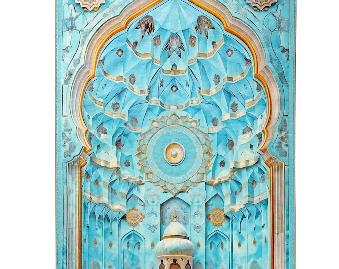 Prayer Rug – Blue and Gold Islamic Architecture Mat – Turkish Muslim Gift for Prayer Room – Soft Non Slip Carpet for Men Women Parents