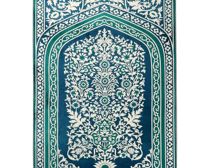 Prayer Rug Green Blue Islamic Floral Turkish Carpet – Custom Size Soft Muslim Gift for Mom Dad Women Men – 3x5 4x6 5x7 6x9 ft